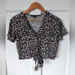 Leoperd Crop Tie Blous3